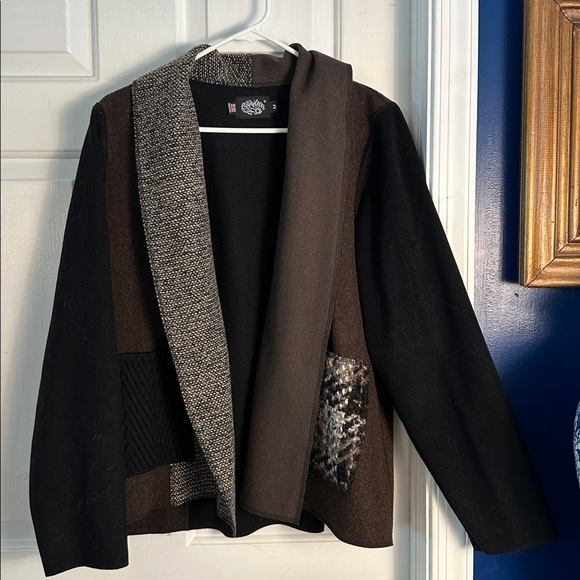 Women’s Cameleon Brown & Black Patchwork Wool Cardigan Jacket Size Medium - Picture 2 of 7